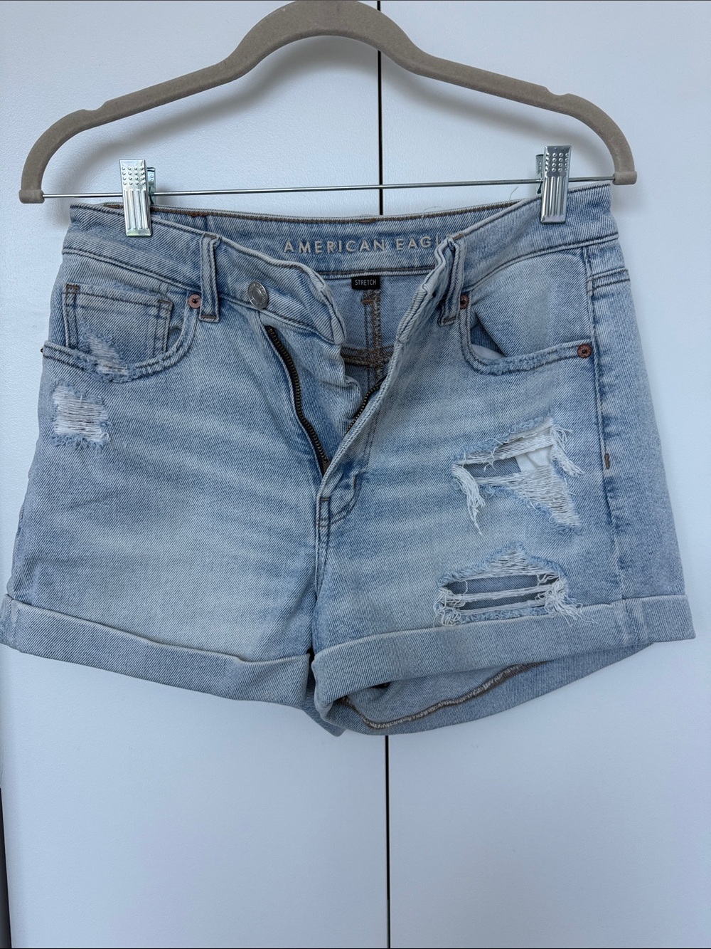 American Eagle Outfitters Light Wash Distressed Stretch Jean Shorts